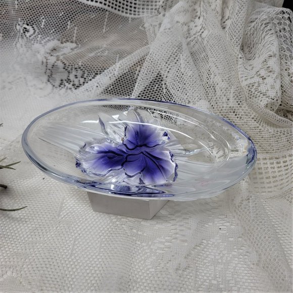 Glass Trinket Bowl w/ Blue Flower - Picture 2 of 9